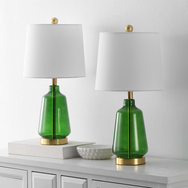 Safavieh Aren, Aren 21.5 Inch Green Glass Table Lamp Set Of 2 With Brass Accents - Elegant Home Lighting Decor Green ,Brass Glass Body ,Fabric Shade Tbl4623a-set2