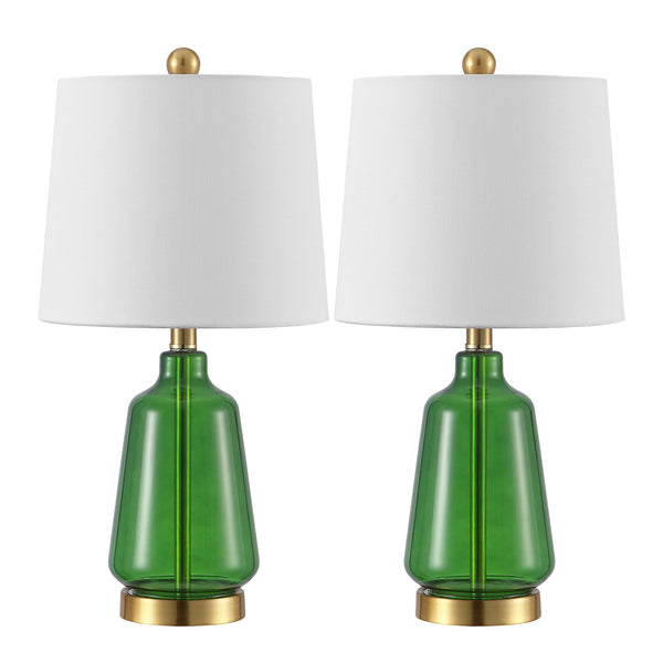 Safavieh Aren, Aren 21.5 Inch Green Glass Table Lamp Set Of 2 With Brass Accents - Elegant Home Lighting Decor Green ,Brass Glass Body ,Fabric Shade Tbl4623a-set2