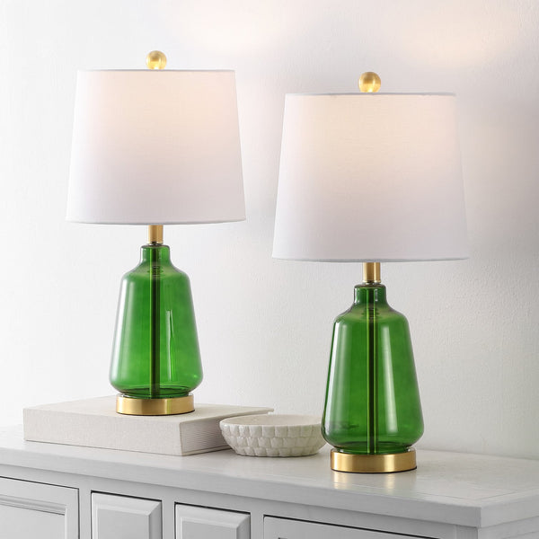 Safavieh Aren, Aren 21.5 Inch Green Glass Table Lamp Set Of 2 With Brass Accents - Elegant Home Lighting Decor Green ,Brass Glass Body ,Fabric Shade Tbl4623a-set2