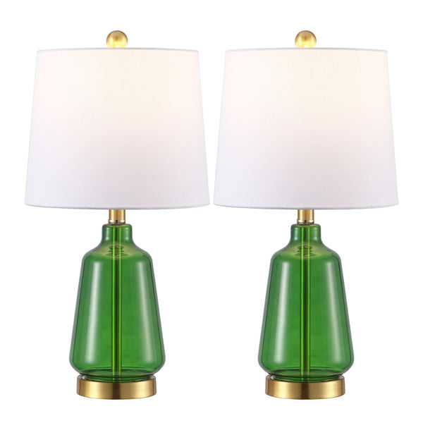 Safavieh Aren, Aren 21.5 Inch Green Glass Table Lamp Set Of 2 With Brass Accents - Elegant Home Lighting Decor Green ,Brass Glass Body ,Fabric Shade Tbl4623a-set2