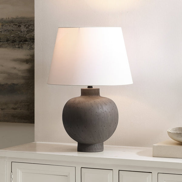 Safavieh Benita, 21.75-inch Elegant Brushed Grey Resin Table Lamp - Perfect For Home, Office & Cozy Ambiance Grey Resin Body ,Fabric Shade Tbl4651a