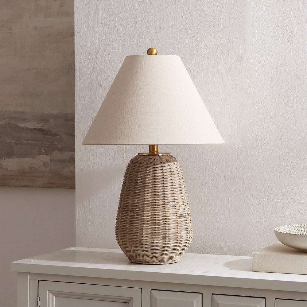 Safavieh Isaura, 24.75-Inch Light Grey Rattan Table Lamp With Neutral Fabric Shade For Warm Modern Boho Ambiance TBL4679A