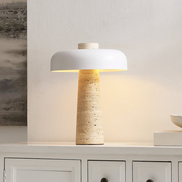 Safavieh Lela, Sculptural 15" Cave Stone Table Lamp With Iron Shade—Natural/Off-White Textured Ambient Glow TBL4689A