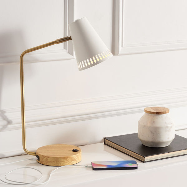 Safavieh VEDA, 19-Inch Gold & White Metal Table Lamp with USB Port - Elegant Design for Home or Office Use TBL7018B
