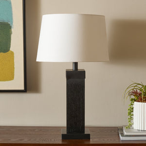 Safavieh Reine, Elegant 24-inch Black Wood And Metal Table Lamp For Stylish Home Decor And Warm Ambiance Black Oak Wood Veneer & Metal Body ,Fabric Shade Tbl8002a