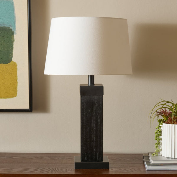 Safavieh Reine, Elegant 24-inch Black Wood And Metal Table Lamp For Stylish Home Decor And Warm Ambiance Black Oak Wood Veneer & Metal Body ,Fabric Shade Tbl8002a