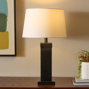 Safavieh Reine, Elegant 24-inch Black Wood And Metal Table Lamp For Stylish Home Decor And Warm Ambiance Black Oak Wood Veneer & Metal Body ,Fabric Shade Tbl8002a