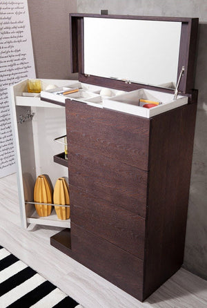 VIG Furniture Gamma Modern Two-Tone Oak Multi-Chest With Lift-Top Mirror, 4 Smooth-Glide Drawers & Cabinet (W32" D16" H45") VGWCG509