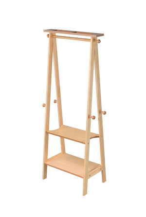 ORE International 59In Espresso Garment Rack Rubberwood Wardrobe Organizer with Hooks Shelves Trays Natural TH-1001NA