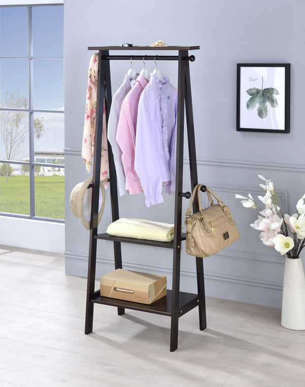 ORE International 59In Espresso Garment Rack Rubberwood Wardrobe Organizer with Hooks Shelves Trays Espresso TH-1003CH