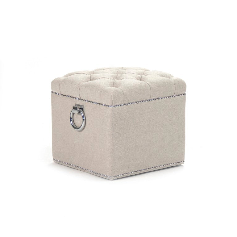 Zentique Paol Solid Oak Stool with Linen Upholstery — Minimalist Scandinavian Seat, Compact Accent Ottoman (17"x16") TH066-Z A043