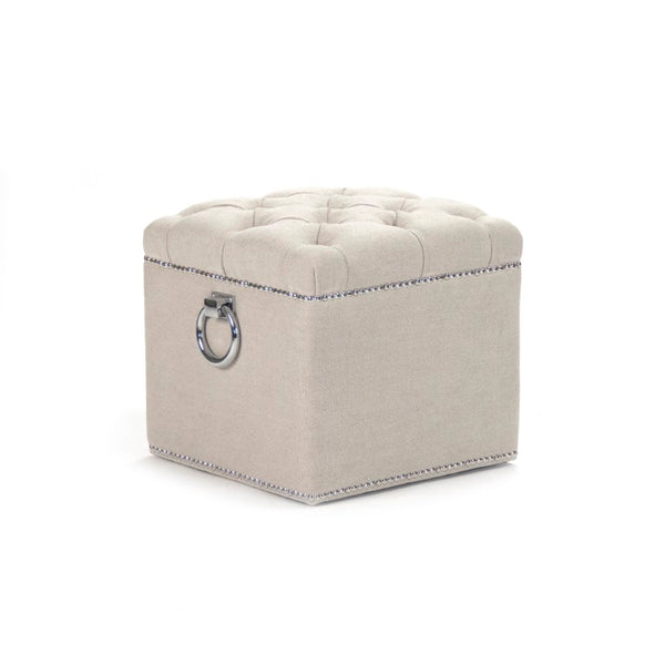 Zentique Paol Solid Oak Stool with Linen Upholstery — Minimalist Scandinavian Seat, Compact Accent Ottoman (17"x16") TH066-Z A043
