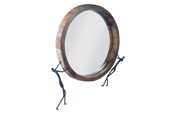 Phillips Collection Atlas Mirror - Handcrafted Round Wall Decor with Reclaimed Wood and Whimsical Bronze Accents Chamcha Wood, Natural, Metal TH100569