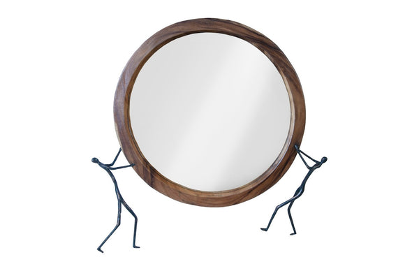 Phillips Collection Atlas Mirror - Handcrafted Round Wall Decor with Reclaimed Wood and Whimsical Bronze Accents Chamcha Wood, Natural, Metal TH100569