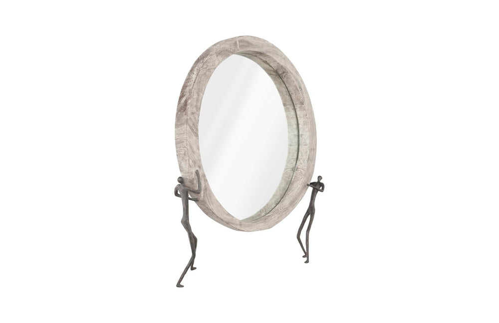 Phillips Collection Atlas Mirror - Handcrafted Round Wall Decor with Reclaimed Wood and Whimsical Bronze Accents Chamcha Wood, Gray Stone Finish, Metal TH100834