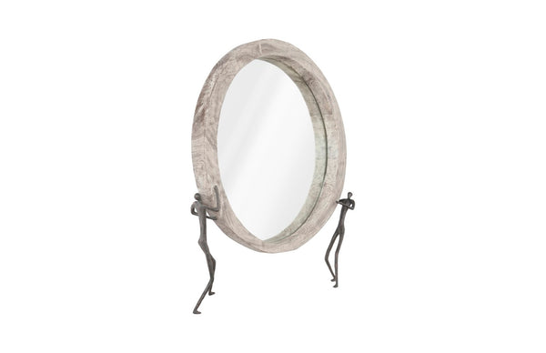Phillips Collection Atlas Mirror - Handcrafted Round Wall Decor with Reclaimed Wood and Whimsical Bronze Accents Chamcha Wood, Gray Stone Finish, Metal TH100834