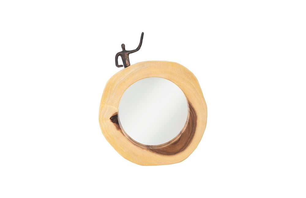 Phillips Collection Atlas Cross Cut Mirror – Decorative Round Design In Chamcha Wood With Whimsical Bronze Figure Accent Black,Brown Wood ,Chamcha Wood Th101640