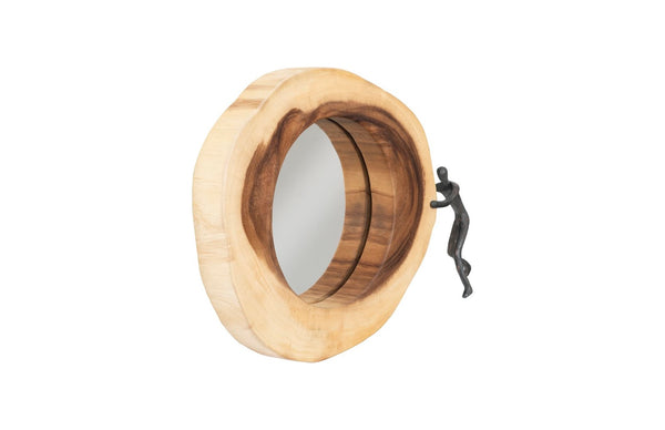 Phillips Collection Atlas Cross Cut Mirror – Decorative Round Design In Chamcha Wood With Whimsical Bronze Figure Accent Black,Brown Wood ,Chamcha Wood Th101641
