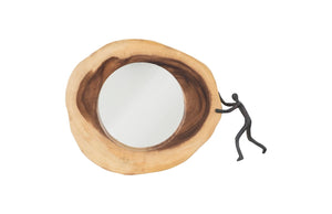 Phillips Collection Atlas Cross Cut Mirror – Decorative Round Design In Chamcha Wood With Whimsical Bronze Figure Accent Black,Brown Wood ,Chamcha Wood Th101641