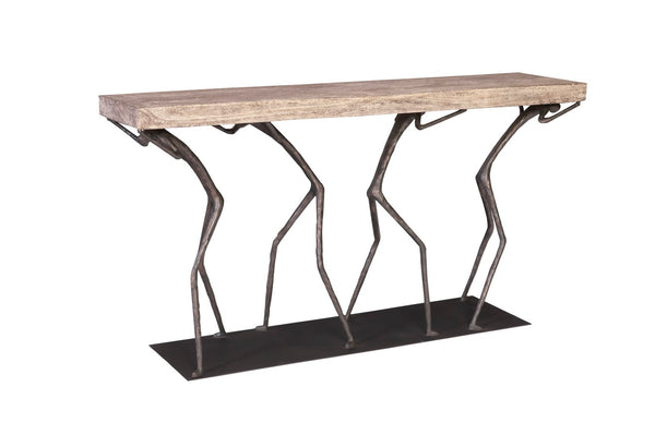 Phillips Collection Atlas Console Table - Sculptural Artistry Meets Practical Function for Modern Living Spaces Chamcha Wood, Gray Stone Finish, Metal TH101826