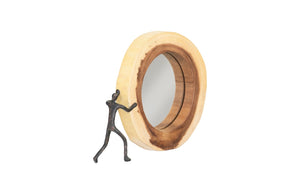 Phillips Collection Atlas Cross Cut Mirror – Decorative Round Design In Chamcha Wood With Whimsical Bronze Figure Accent Black,Brown Wood ,Chamcha Wood Th102267