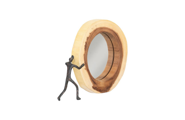Phillips Collection Atlas Cross Cut Mirror – Decorative Round Design In Chamcha Wood With Whimsical Bronze Figure Accent Black,Brown Wood ,Chamcha Wood Th102267