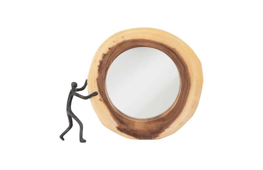 Phillips Collection Atlas Round Decorative Mirror - Unique Chamcha Wood with Bronze Figure, Perfect for Gallery Walls TH102267
