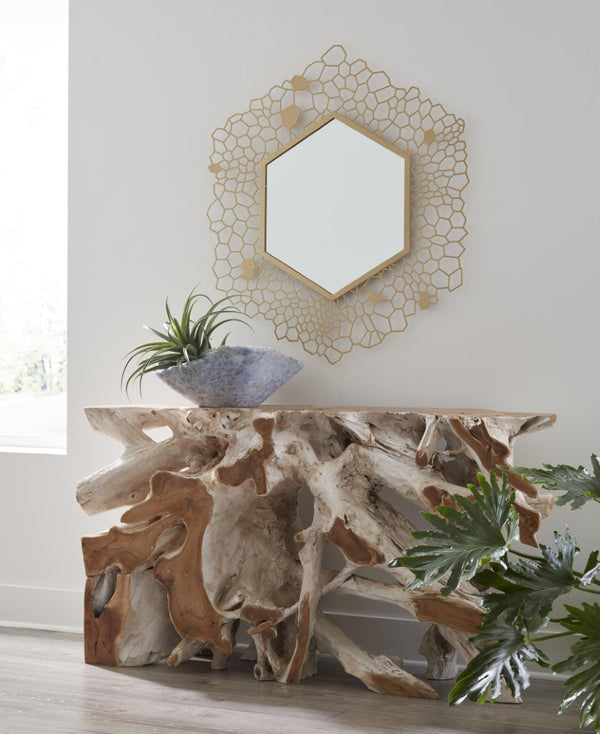 Phillips Collection Hexagon Honeycomb Brass Wall Mirror with Laser Cut Satin Metal Frame for Living Room TH107116