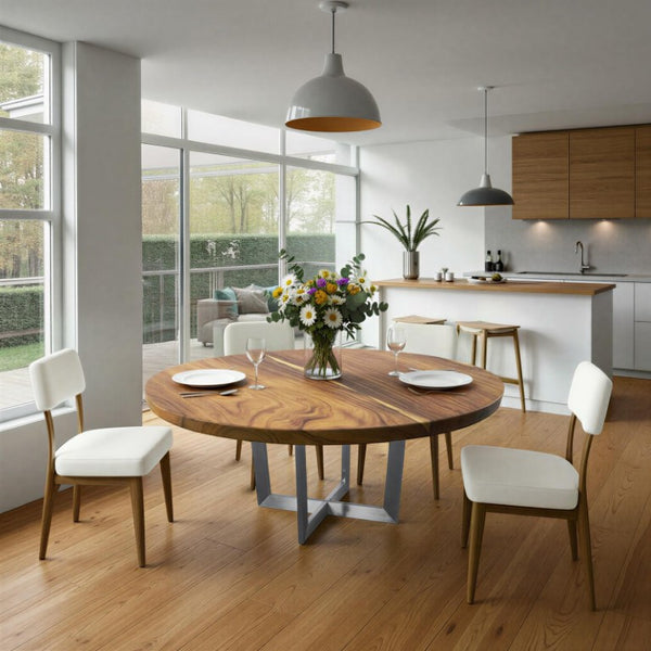 Phillips Collection Chuleta Round Dining Table Reclaimed Chamcha Wood on Brushed Steel Base Seats Eight Natural TH108094