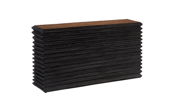 Phillips Collection Layered Chamcha Wood Console Table with Hand-Carved Panels and Burnt Black Base TH115346