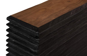 Phillips Collection Layered Chamcha Wood Console Table with Hand-Carved Panels and Burnt Black Base TH115346