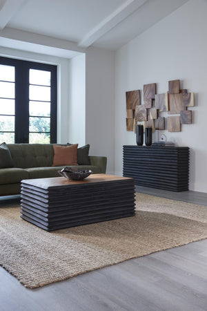 Phillips Collection Layered Chamcha Wood Console Table with Hand-Carved Panels and Burnt Black Base TH115346