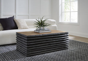 Phillips Collection Layered Chamcha Wood Coffee Table Hand Carved Sides Burnt and Natural Two Tone Finish TH115347