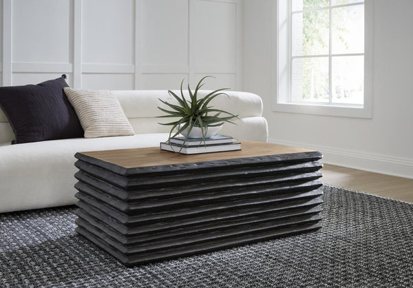 Phillips Collection Layered Chamcha Wood Coffee Table Hand Carved Sides Burnt and Natural Two Tone Finish TH115347