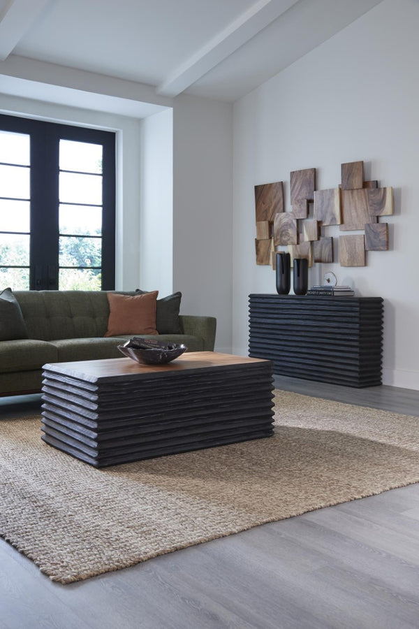 Phillips Collection Layered Chamcha Wood Coffee Table Hand Carved Sides Burnt and Natural Two Tone Finish TH115347