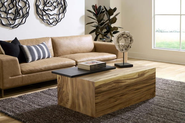 Phillips Collection Plateau Solid Acacia Wood Coffee Table with Asymmetric Shelf for Bohemian Living Rooms TH115350