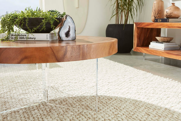 Phillips Collection Floating Round Coffee Table with Acrylic Legs - Modern Chamcha Wood Design for Stylish Living Spaces TH119069