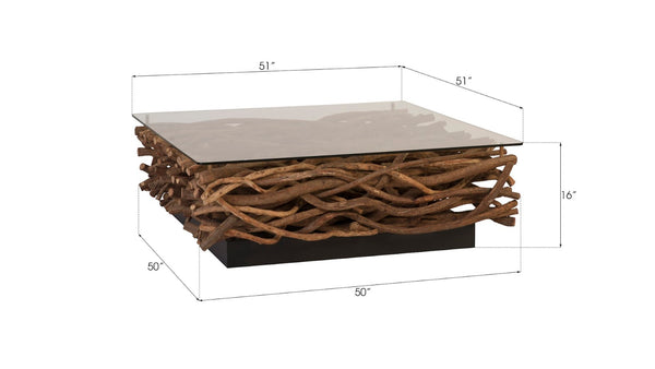 Phillips Collection Vine Coffee Table - Artisan-Crafted Rustic Wood Base with Glass Top for Modern Living Spaces TH66102