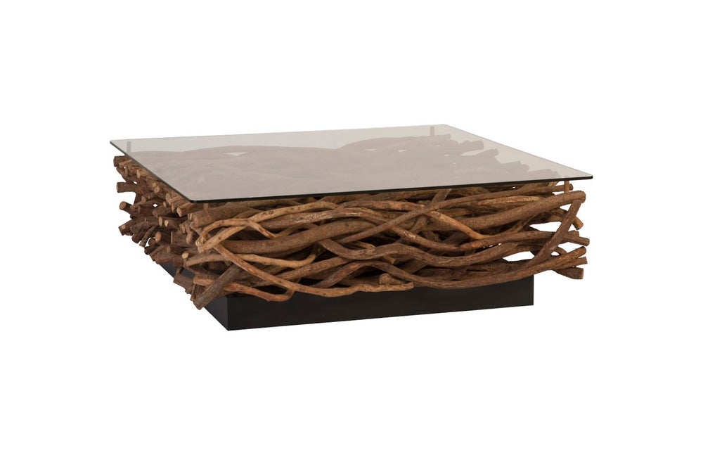 Phillips Collection Vine Coffee Table - Artisan-Crafted Rustic Wood Base with Glass Top for Modern Living Spaces TH66102