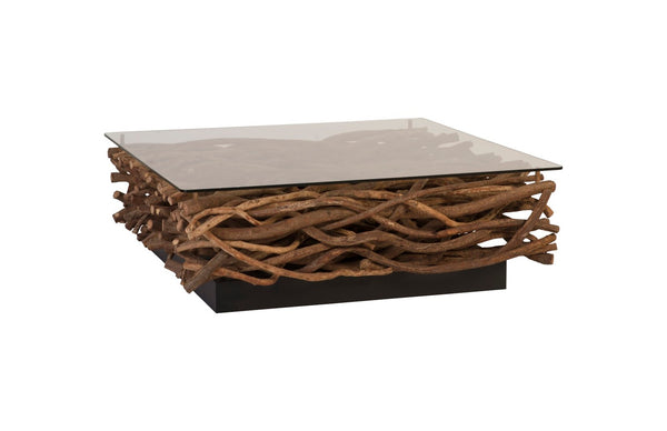 Phillips Collection Vine Coffee Table - Artisan-Crafted Rustic Wood Base with Glass Top for Modern Living Spaces TH66102