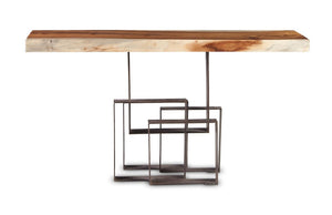 Phillips Collection Score Solid Chamcha Wood Console Table with Sculptural Iron Base for Entryway TH69093