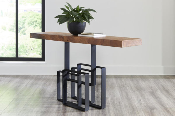 Phillips Collection Score Solid Chamcha Wood Console Table with Sculptural Iron Base for Entryway TH69093