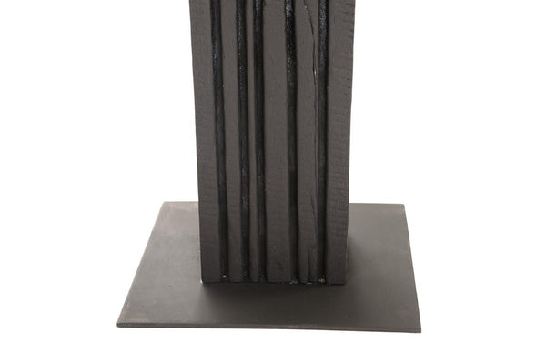 Phillips Collection Black Charred Wood Tall Column Sculpture Hand Carved Sunray Crown Minimalist Metal Base TH82415