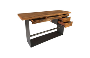 Phillips Collection Iron Frame Standing Desk with Integrated Storage, Natural Chamcha Wood, Bar Height for Modern Spaces TH82453