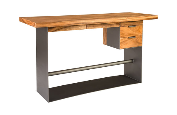 Phillips Collection Iron Frame Standing Desk with Integrated Storage, Natural Chamcha Wood, Bar Height for Modern Spaces TH82453