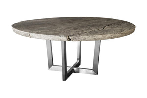 Phillips Collection Chuleta Round Dining Table Reclaimed Chamcha Wood on Brushed Steel Base Seats Eight Gray Stone TH86250