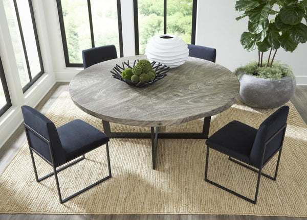 Phillips Collection Chuleta Round Dining Table Reclaimed Chamcha Wood on Brushed Steel Base Seats Eight Gray Stone TH86250