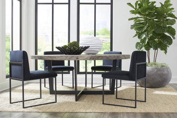 Phillips Collection Chuleta Round Dining Table Reclaimed Chamcha Wood on Brushed Steel Base Seats Eight Gray Stone TH86250