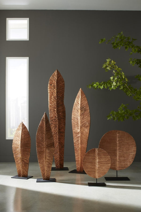 Phillips Collection Carved Chamcha Wood Leaf Floor Sculpture on Metal Stand for Modern Organic Interiors TH89179