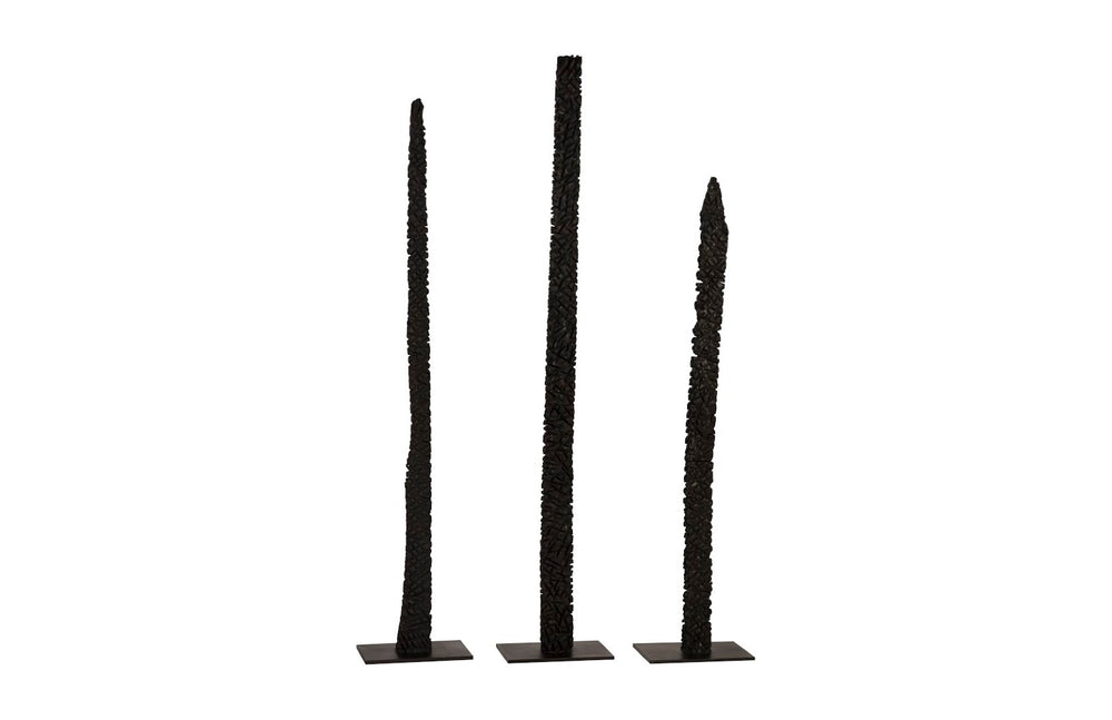 Phillips Collection Post Set of 3 – Modern Sculptural Wood Art with Metal Bases, Charred Finish for Chic Interiors TH92152